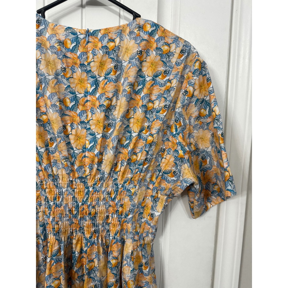 GIGIO USA Orange Blue Floral Smocked Waist Midi Dress Womens Size Medium V-Neck - Picture 8 of 10